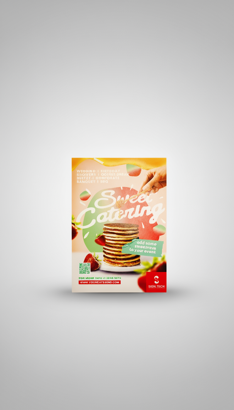 Colorful flyer promoting a sweet catering event with a stack of pancakes, strawberries, and floating berries, featuring text inviting to add sweets to your event.