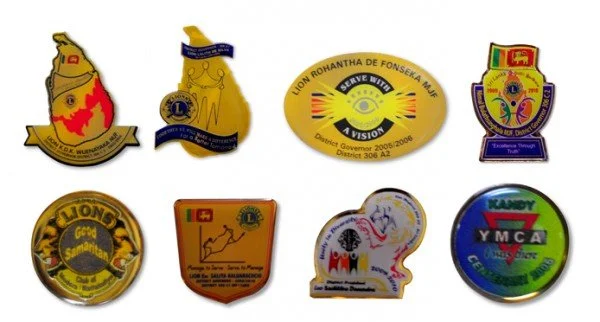 Collection of eight colorful badges and pins related to Lions Club and YMCA organizations.