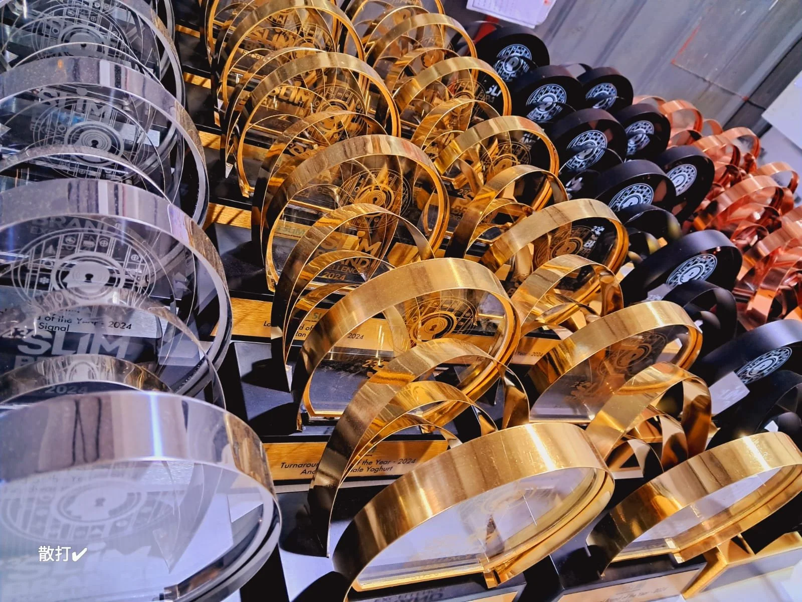 Various awards and trophies with gold, silver, black, and copper designs displayed on a table.