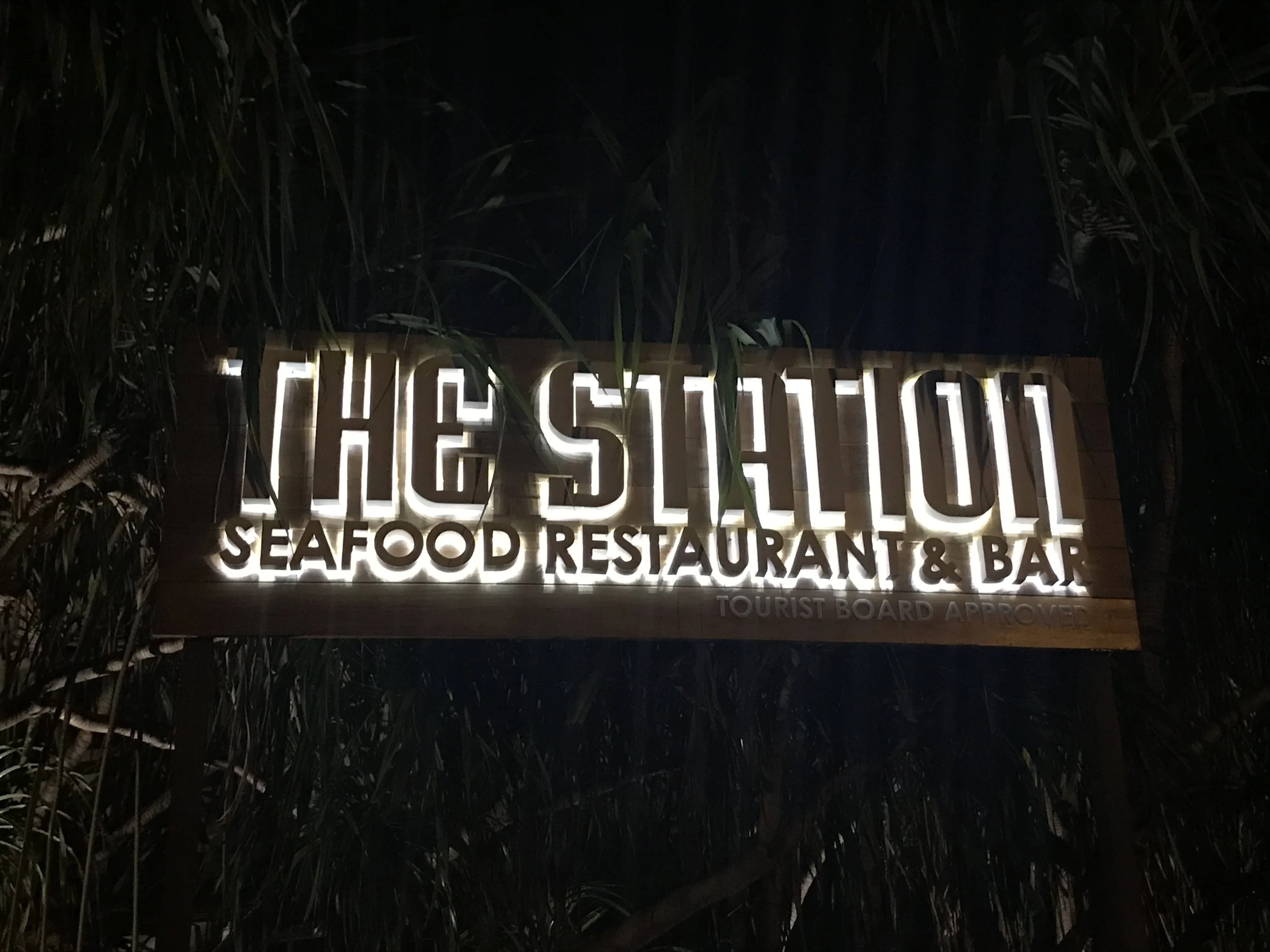Illuminated sign reading 'HESHUUL SEAFOOD RESTAURANT & BAR' against a dark background, partially obscured by palm leaves.