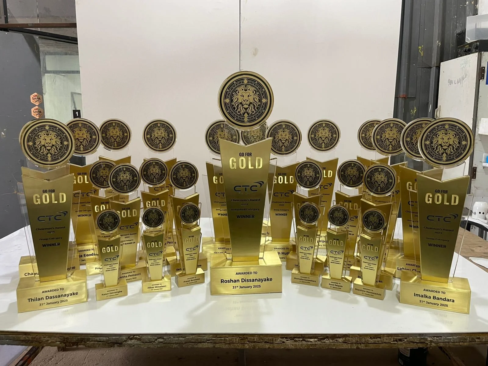 Collection of gold trophies and awards with a lion emblem in the center, for a 2025 event, including names of recipients.