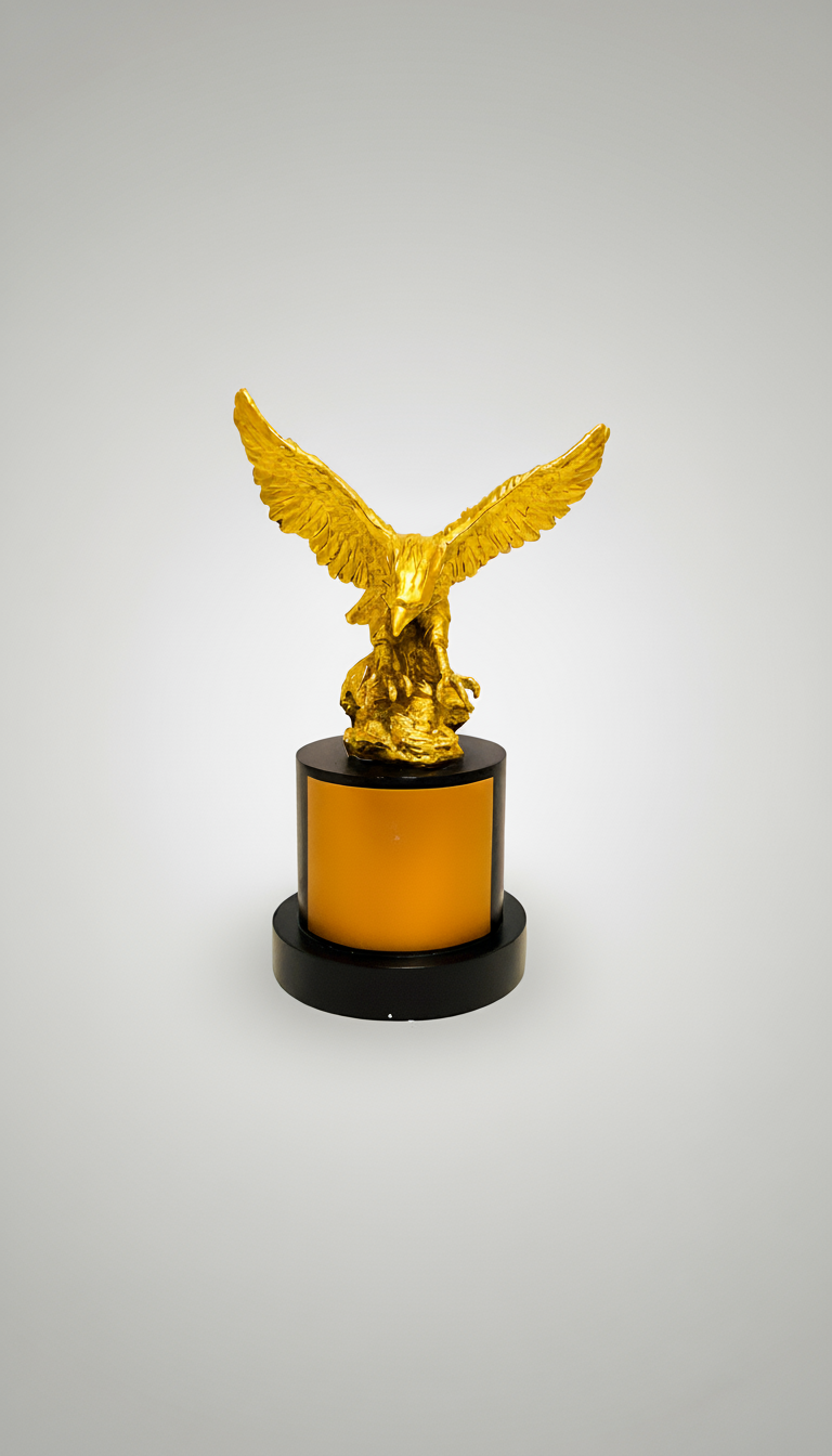 A golden eagle sculpture with wings spread wide, mounted on a black and orange pedestal against a plain light background.