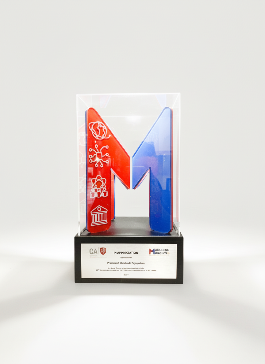 A colorful block in the shape of the letter M with icons representing science, technology, engineering, and government, displayed inside a clear case on a black base with a plaque reading 'In Appreciation'.