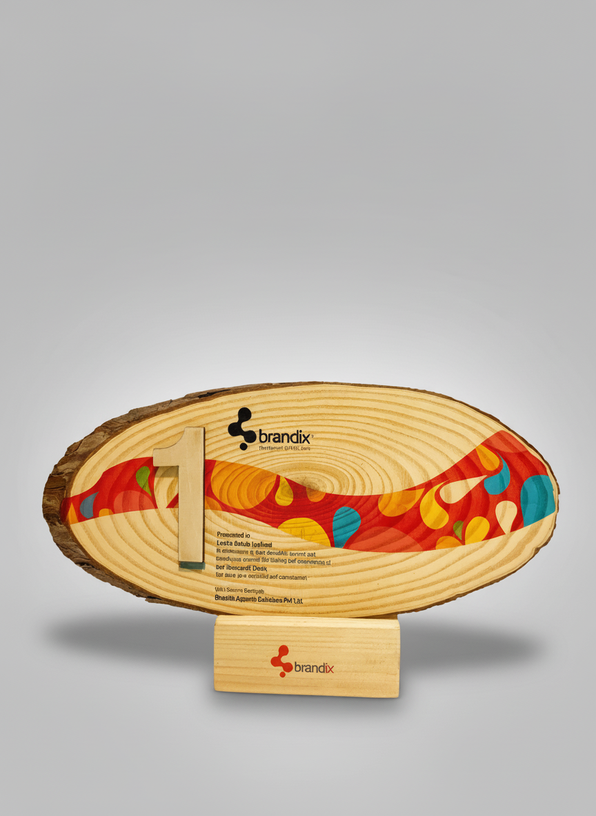 A wooden award plaque with a red, yellow, and blue swirl design, a large number 1, and the brandix logo, mounted on a wooden stand.