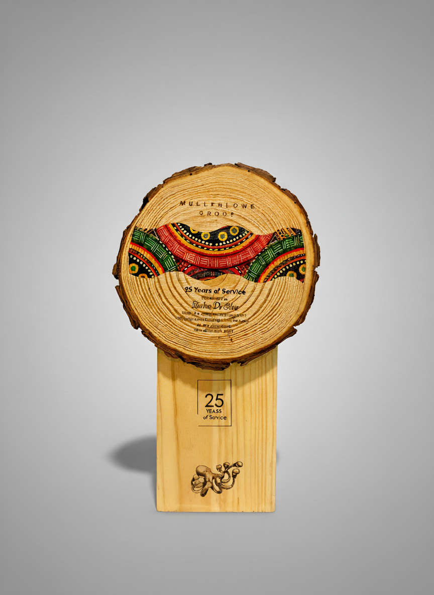 A wooden plaque with a colorful, decorative design and inscriptions that read '25 Years of Service' and 'Mullillow Grove'. The plaque is mounted on a wooden stand, with the number '25' and the words 'YEARS of Service' beneath the plaque.