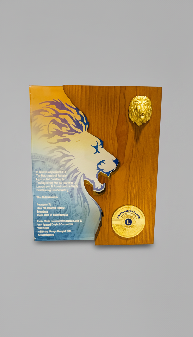 Decorative plaque with a lion's head, a gold medallion with a blue logo, and a layered design featuring a lion's profile and text.