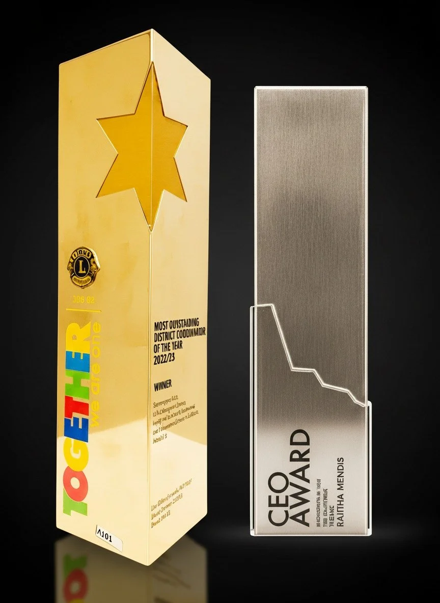 Two award trophies, one colorful and one clear, with the words 'TOGETHER MEGAMOG' and 'CEO AWARD' on them.