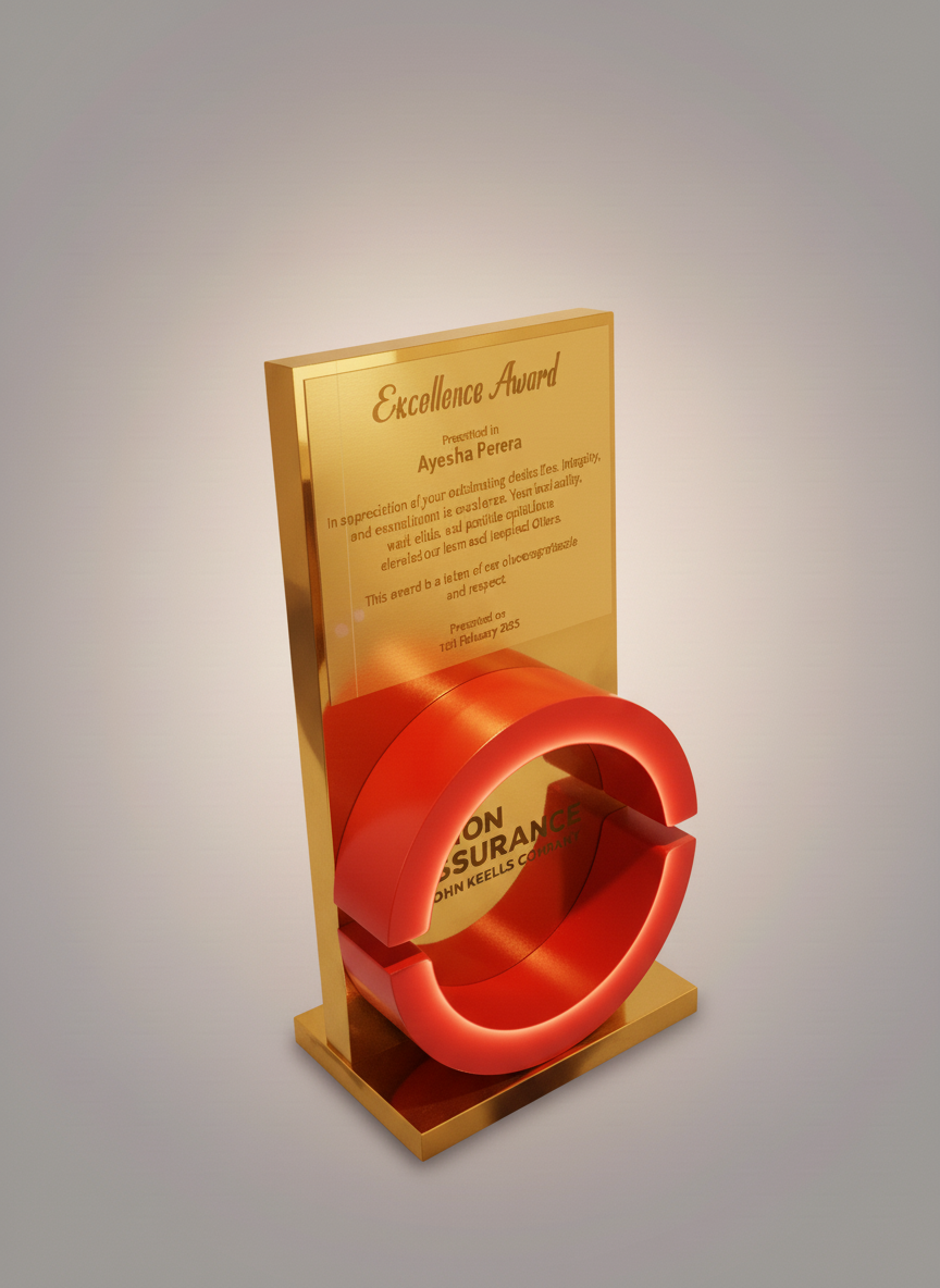 A golden plaque with text and a red circular award with a hollow center, mounted on a gold stand.