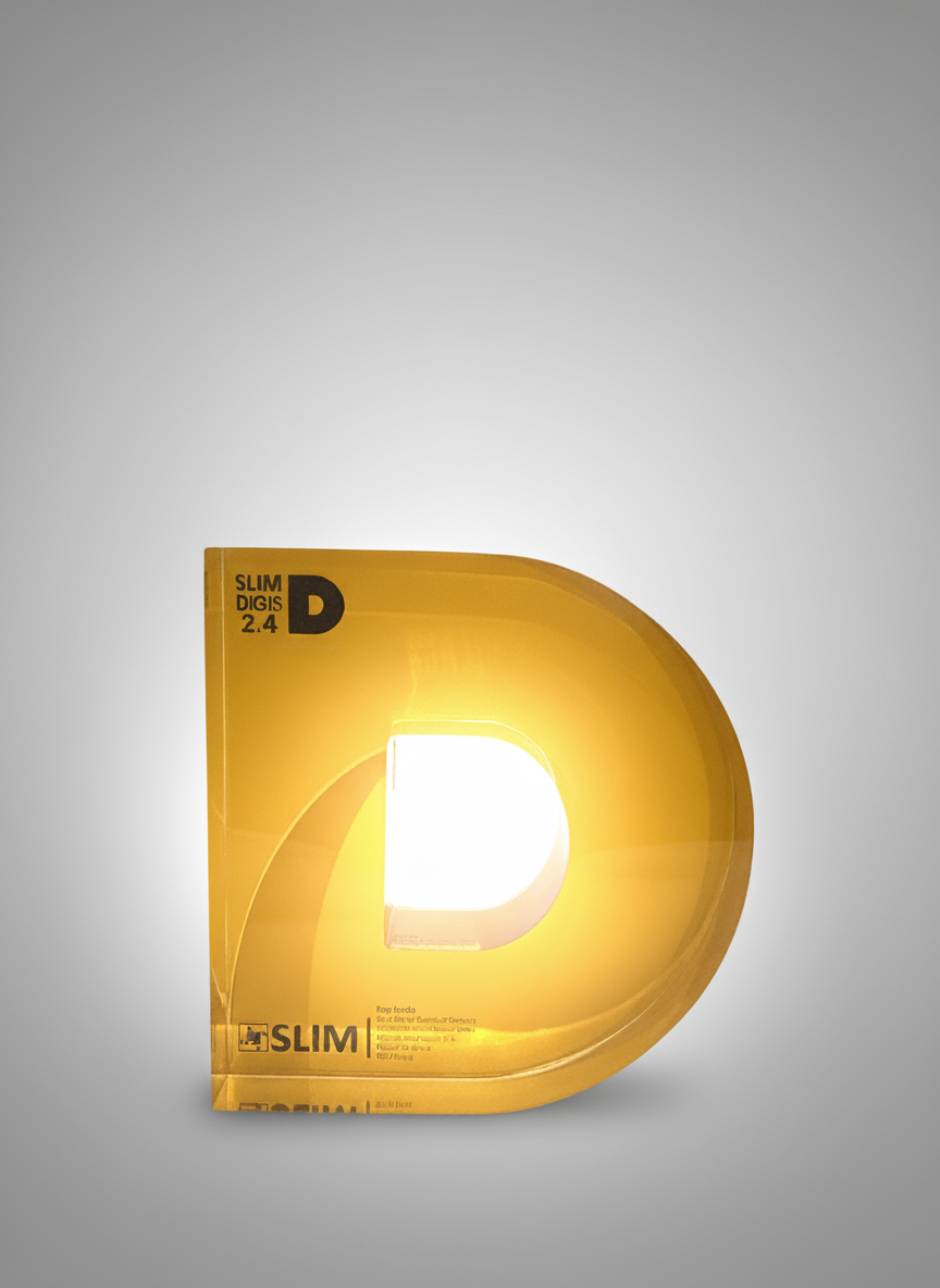 A yellow package of Slim Digis 2.4 D dental product with a cut-out D shape, emitting a bright light from the inside.