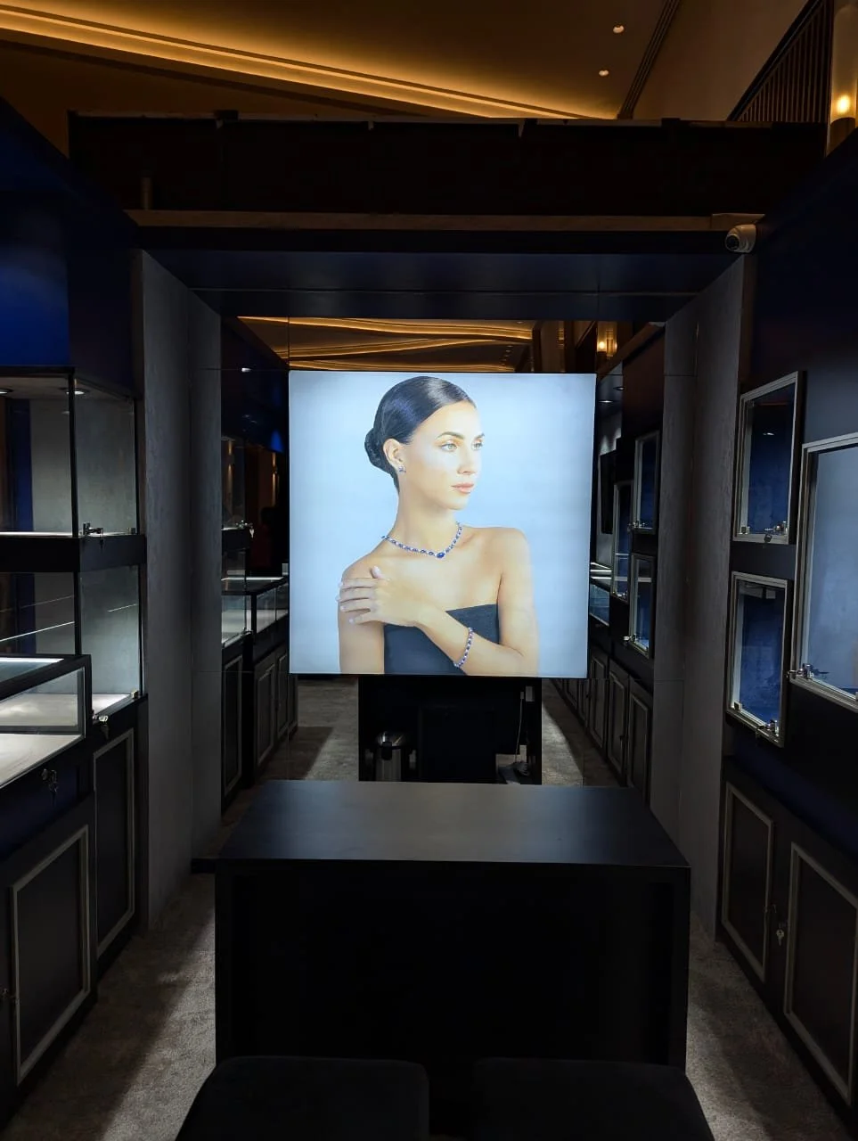 A lit display screen showcasing a portrait of a woman with dark hair styled in a bun, wearing a black strapless top and jewelry, inside a dark retail or exhibition space with display cases and cabinets.