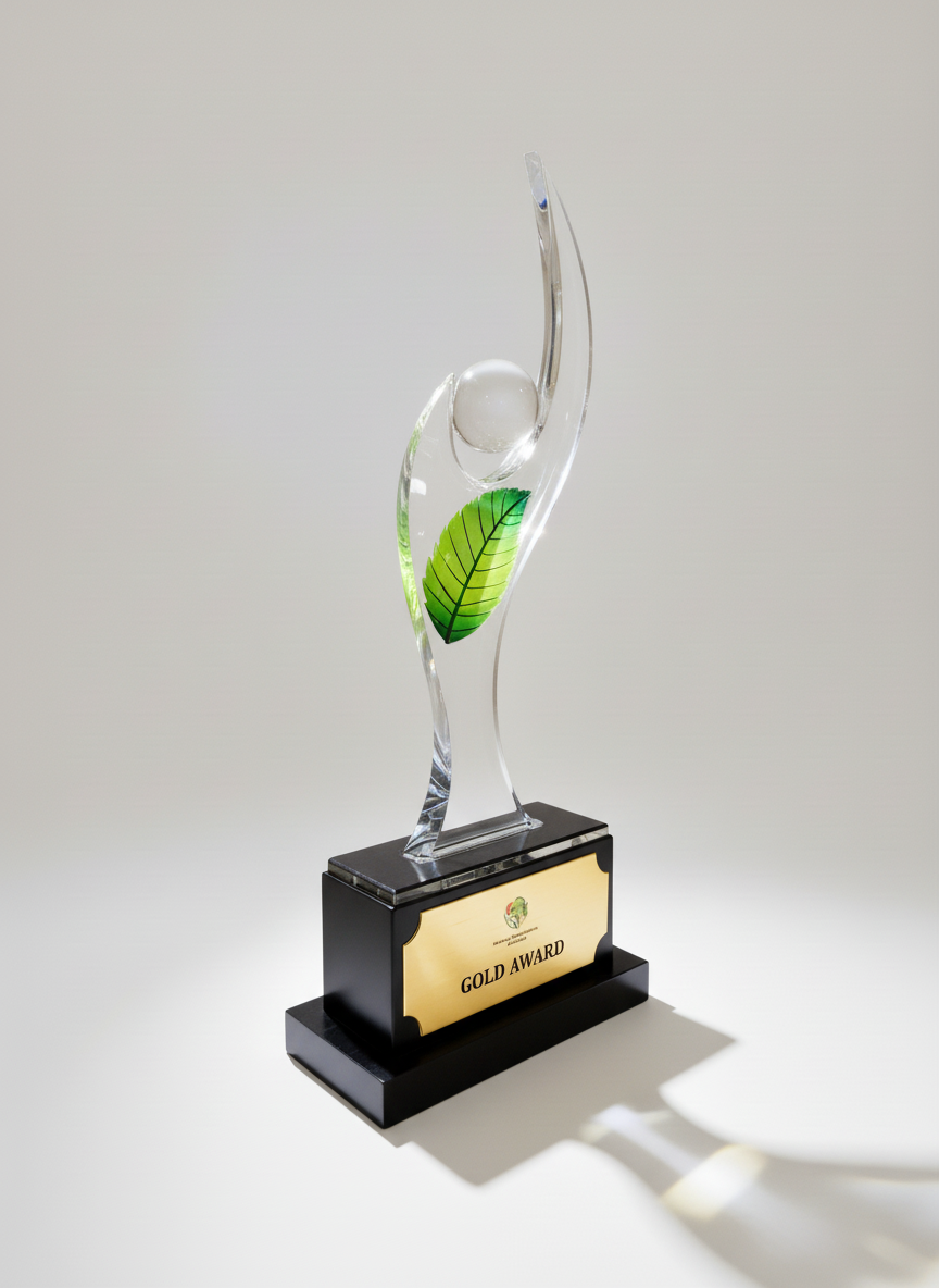 A clear glass award with a green leaf design and a white sphere, mounted on a black base with a gold plaque labeled 'Gold Award.'