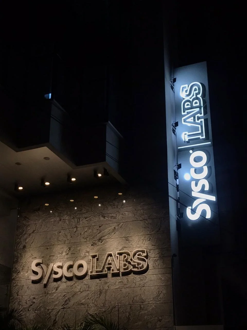 Night view of the exterior of a building with a marble wall, illuminated 