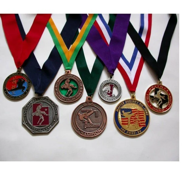 Six martial arts medals with ribbons displayed in a row.