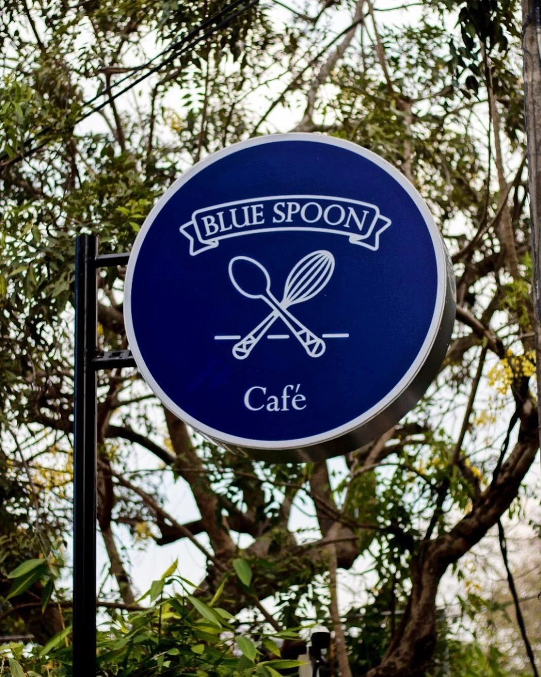 Sign for Blue Spoon Café featuring crossed spoon and whisk symbol on a blue background, surrounded by trees.