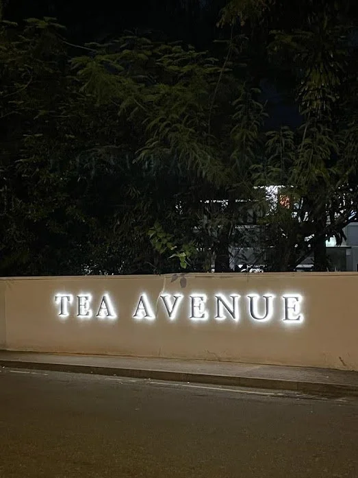 Illuminated sign on a beige wall reads 'TEA AVENUE' at night, with trees in the background.