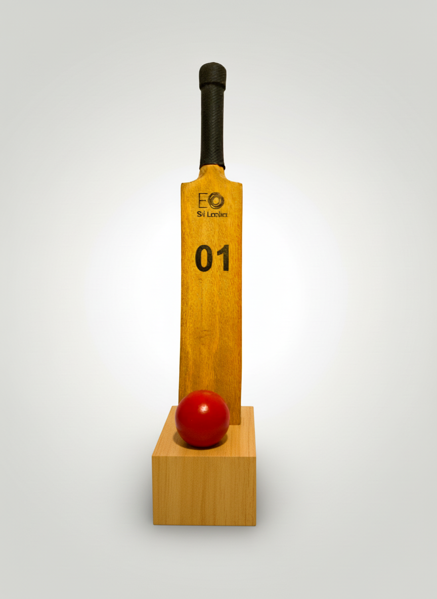 A cricket bat, red ball, and a wooden stand on a plain background, arranged to resemble a cricket scene.