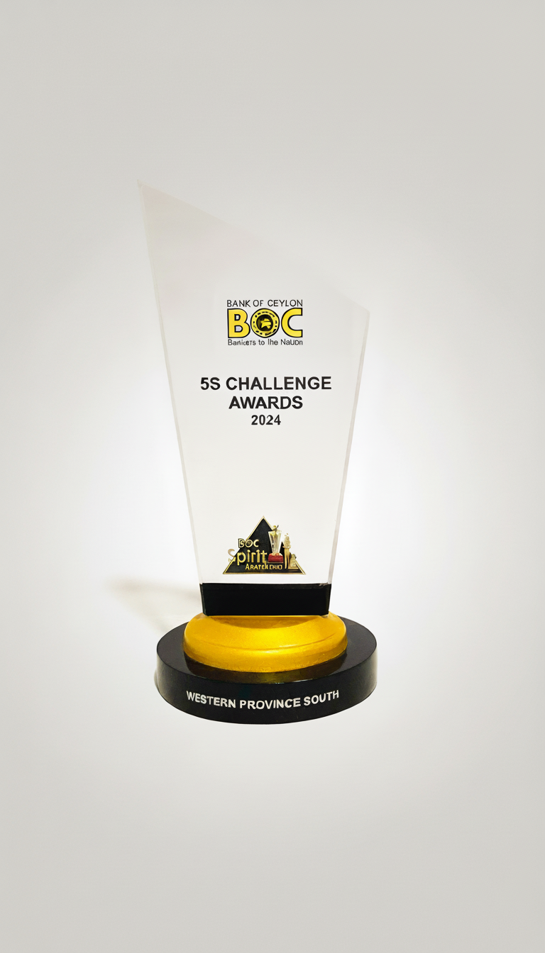 A glass award trophy with the logo of Bank of Ceylon, the text "5S Challenge Awards 2024", and the words "Western Province South" on the black base.