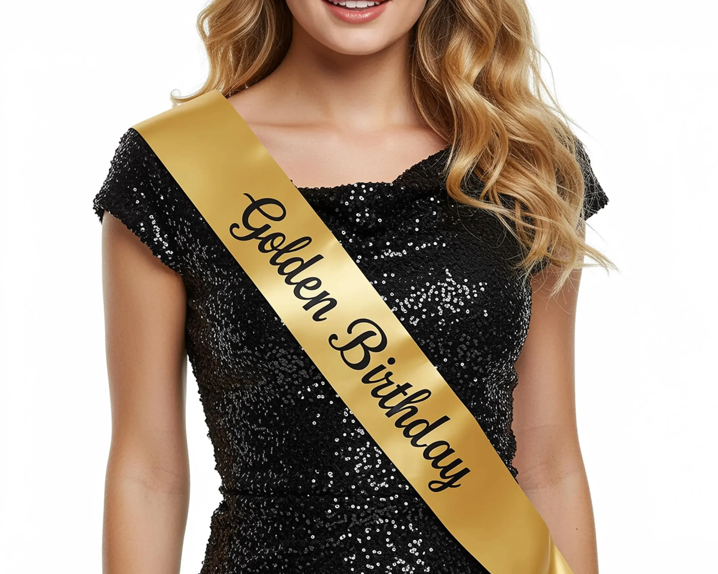 A woman wearing a black, sparkly dress and a yellow sash that reads 'Pageant Queen of the Day'.