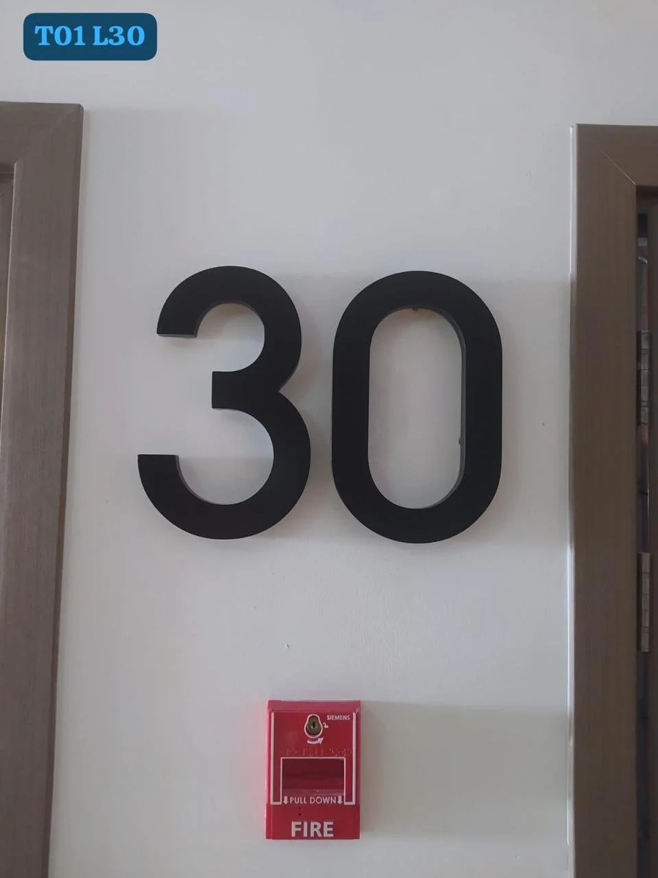 Large black number 30 on a white wall, a red fire alarm pull station below, and part of door frames on either side. A blue label in the upper left corner reads 'T01 L30'.