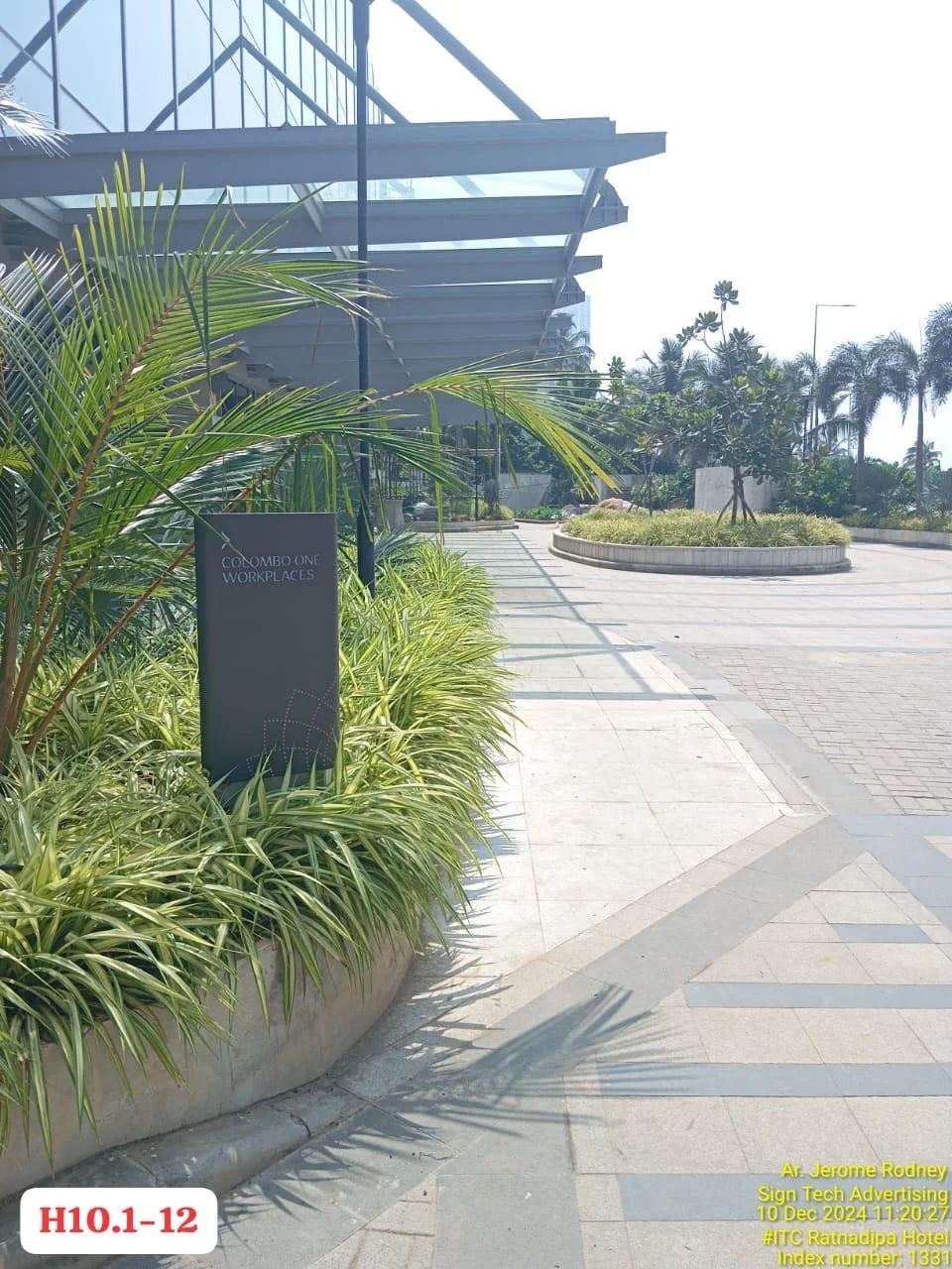 Modern commercial building entrance with landscaped plants, palm trees, and clear skies.