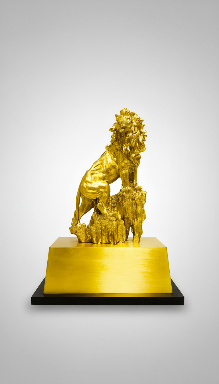 A gold-colored sculpture of a lion standing on a rocky base, positioned on a gold and black platform against a plain light background.