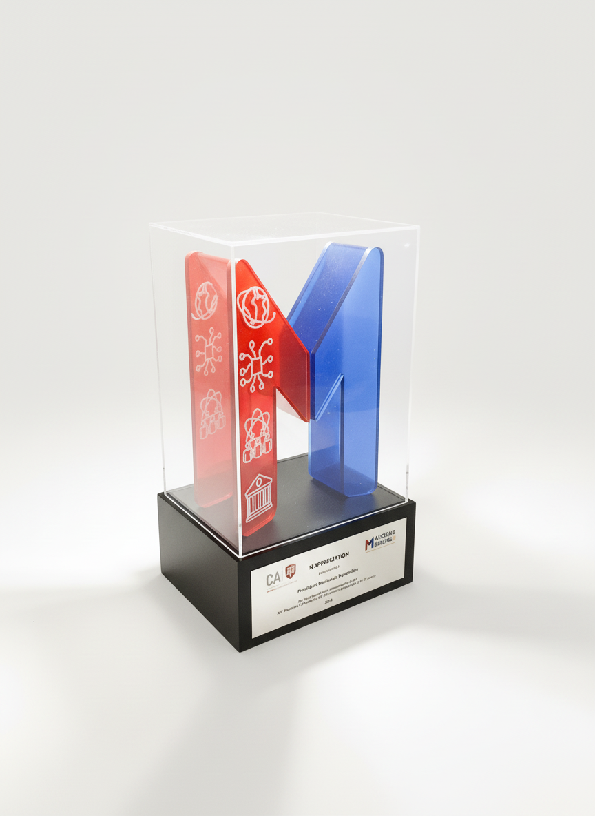 A clear display case with a black base showcasing a colorful, stylized letter 'M' made of red and blue translucent materials, with white icons and symbols on the red sections. The base has a plaque with text honoring an organization or individual.