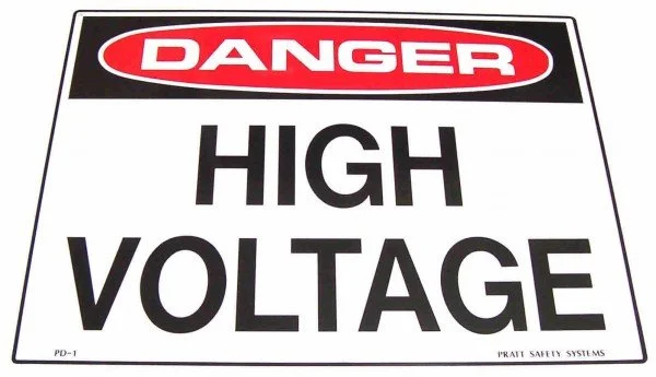 Warning sign with red and black text that says 'DANGER HIGH VOLTAGE'.