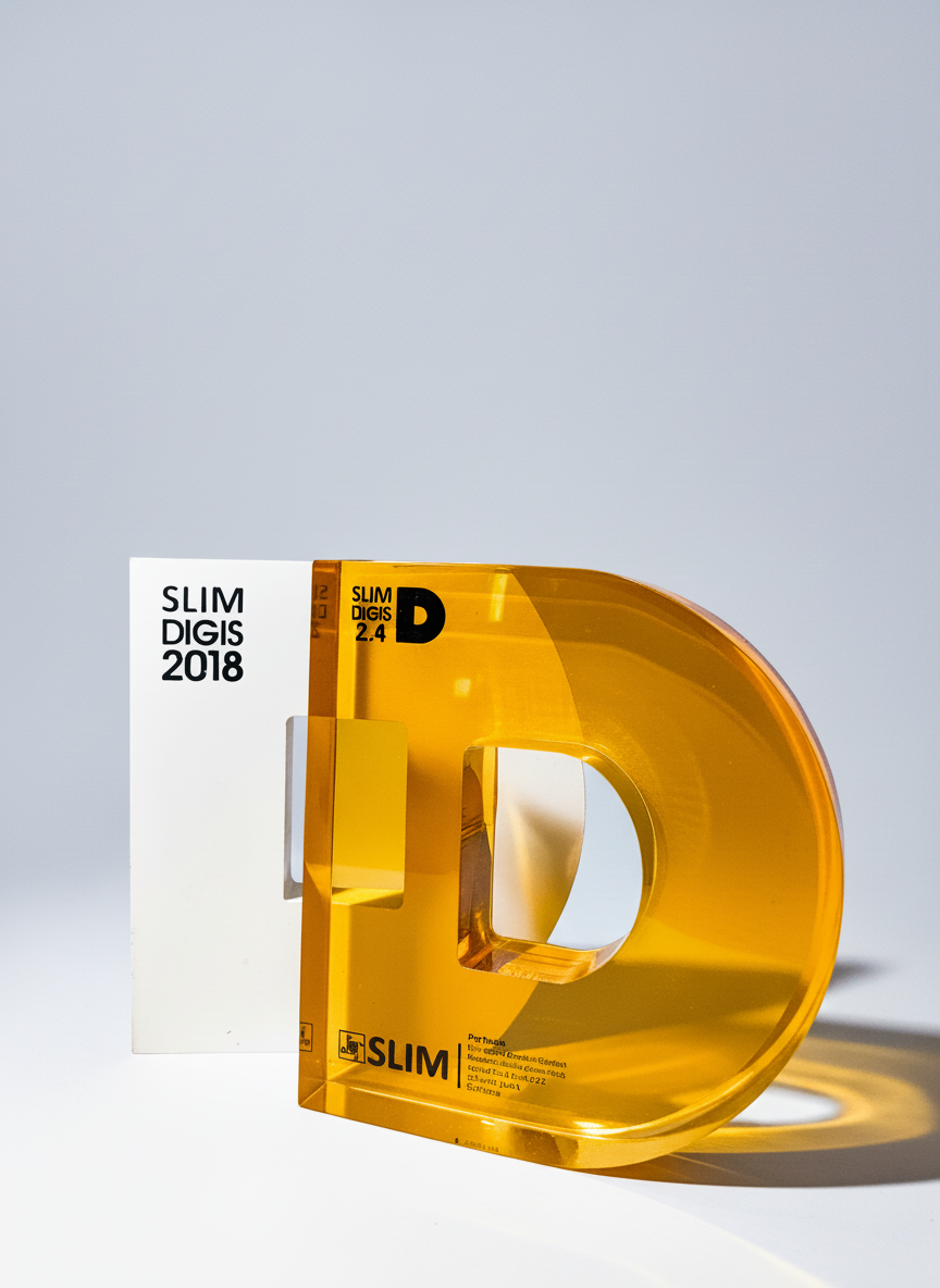 A translucent yellow plastic letter 'D' sculpture placed next to a white background card with black text, including 'SLIM DIGS 2018'. The sculpture casts a shadow on the surface below.