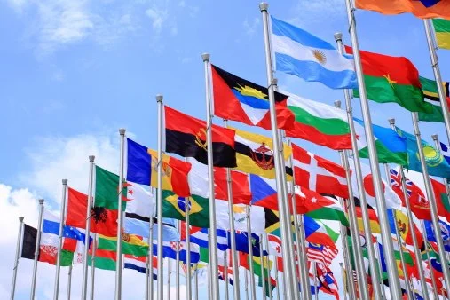 A row of international flags flying on flagpoles against a blue sky.