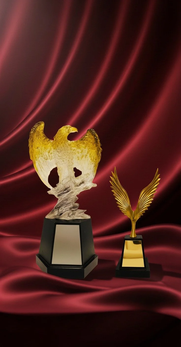 Two trophies, one shaped like a golden eagle with outstretched wings and the other with golden stylized wings, placed on black bases against a red satin backdrop.