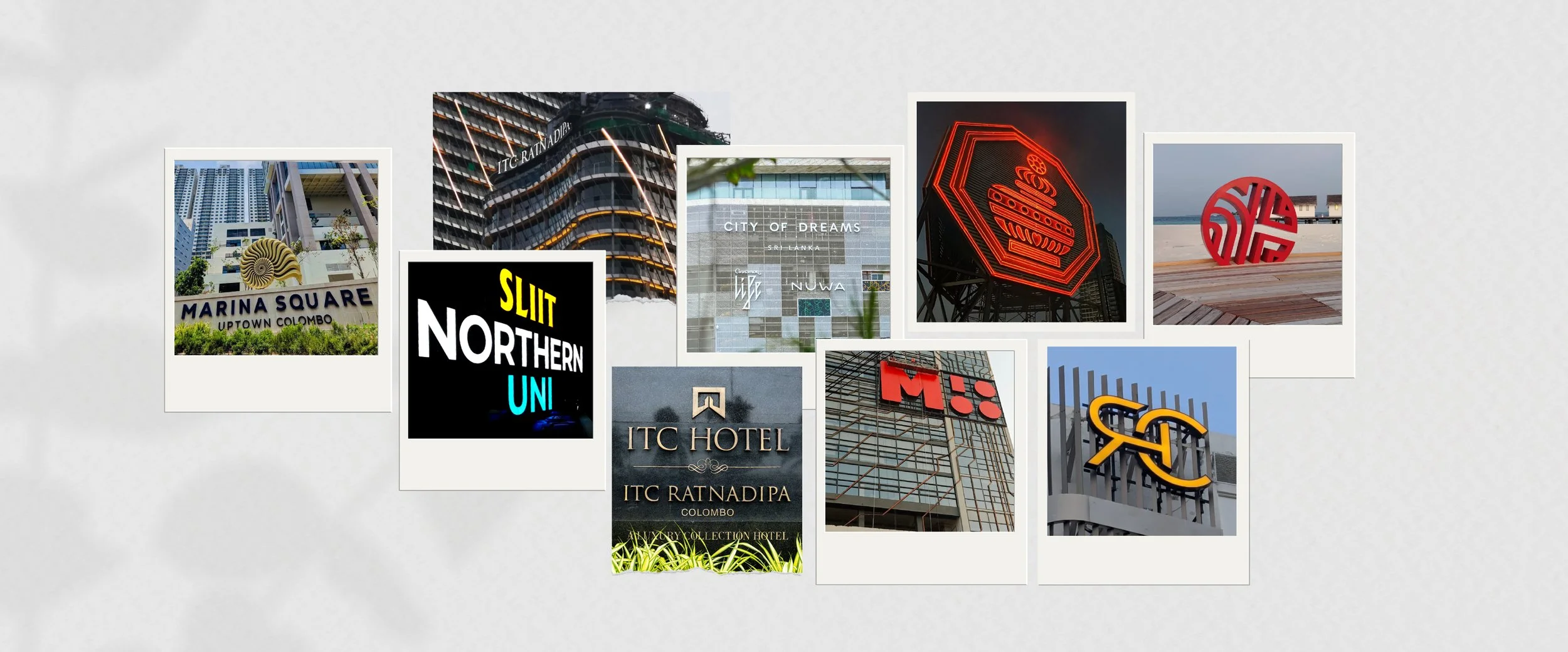 Collage of various modern buildings, signs, and landmarks in an urban setting, including hotel signs and architectural details.