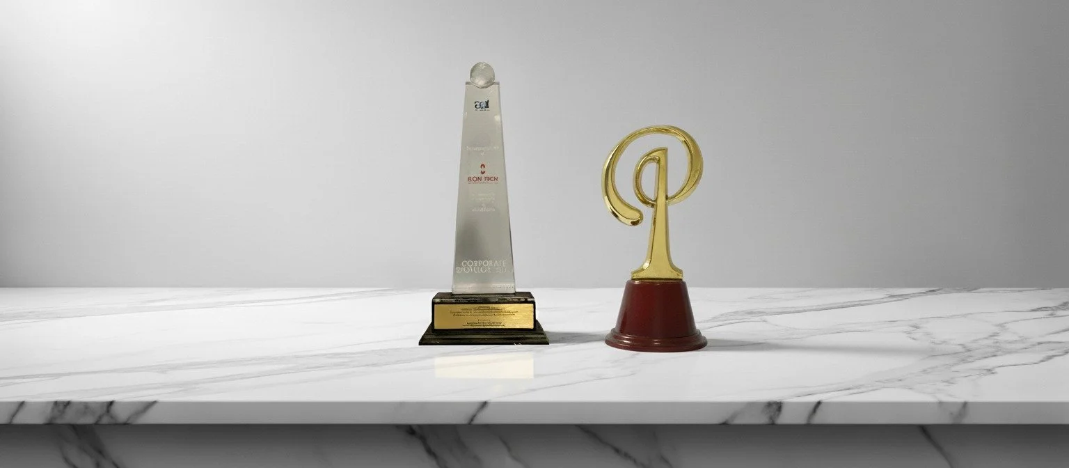 Two awards or trophies on a white marble surface against a plain light gray background. One is a tall, rectangular, metallic award with a ball on top, and the other is a smaller, gold-colored award with a stylized 'P' shape on a wooden base.