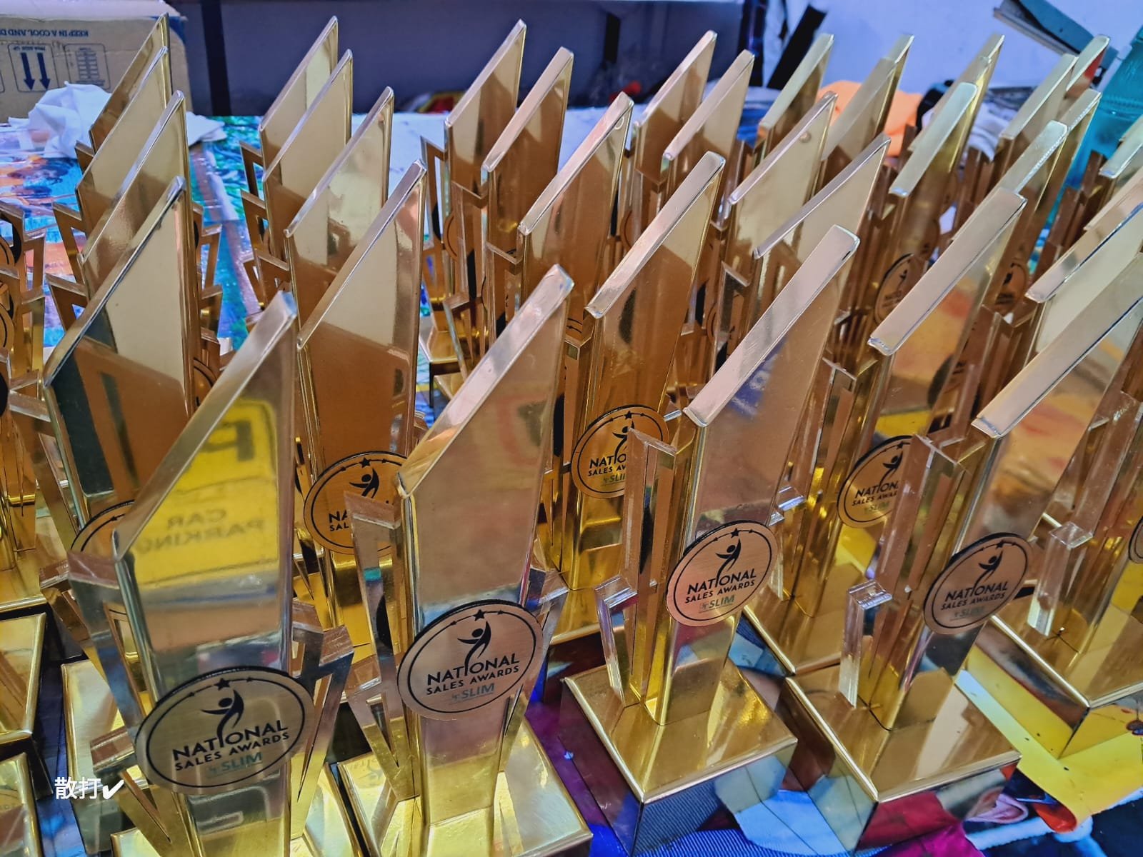 Multiple gold-colored trophies with a logo and text that reads 'National Sales Awards SLIM' on the front, arranged on a table or display stand.