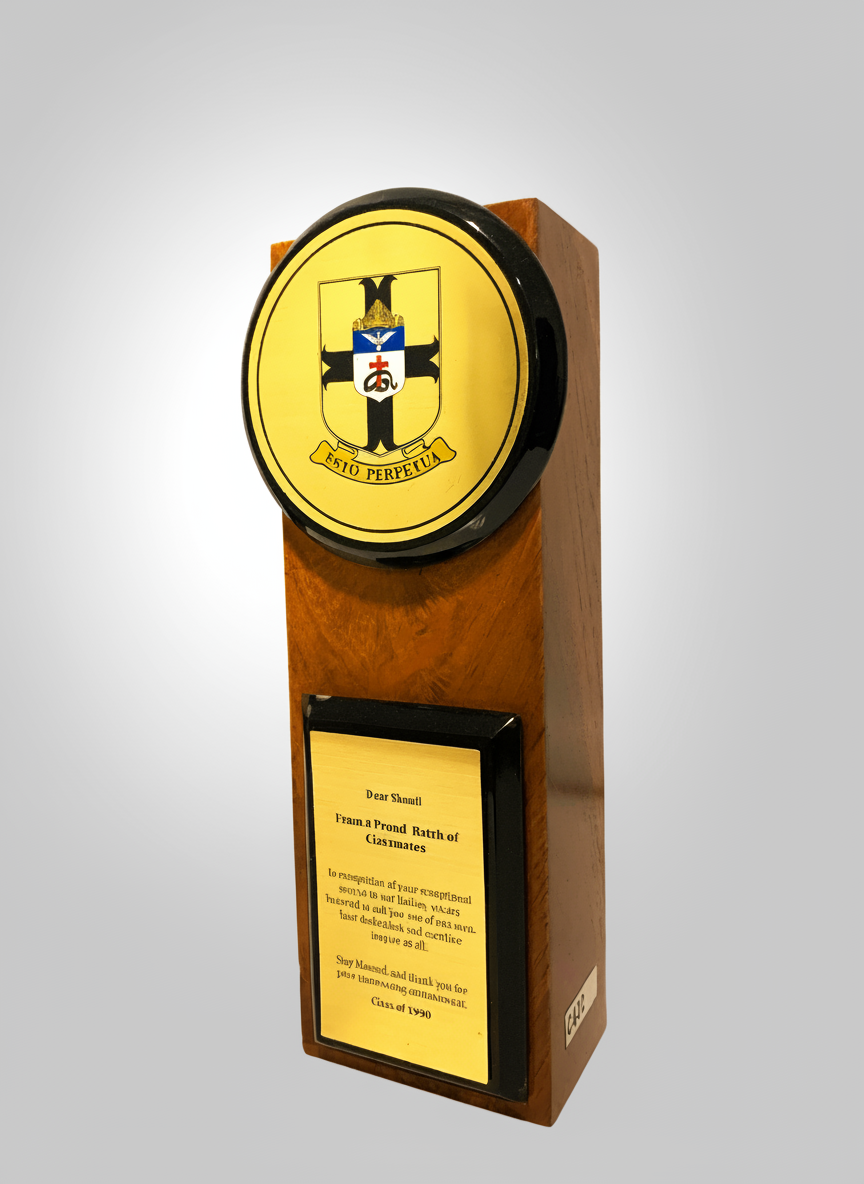A wooden plaque with a circular emblem at the top featuring a yellow background, a black cross, and a Viking helmet, with a shield and banner. Below, there is a yellow card with a message written in a stylized font.