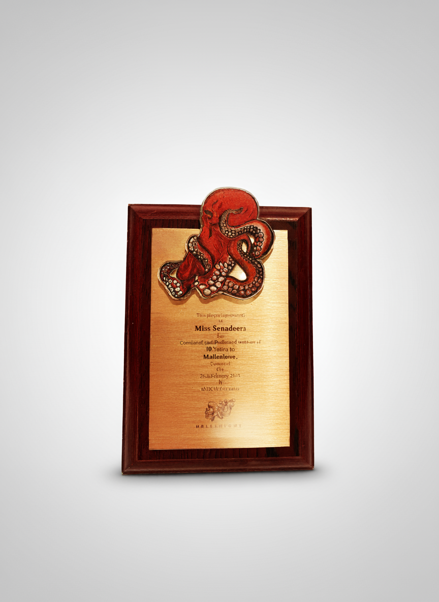 A framed certificate with a red octopus pin on top.
