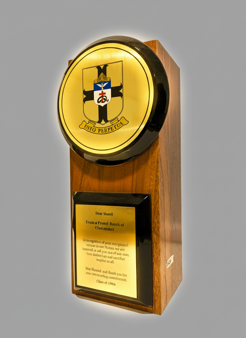 A wooden plaque with a circular emblem at the top. The emblem features a shield with a cross and a blue and gold crest, and the Latin phrase 'ESTO PERPETUA' at the bottom. Below the emblem, there is a gold plaque with a letter addressed to classmates