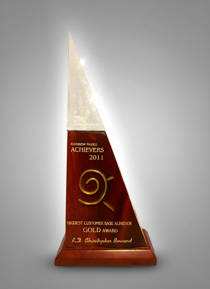 A tall, triangular award trophy with a wooden base. The top part is clear and reflective, with the light shining off it. The middle section is dark wood with gold text that reads "RAINBOW PAGES ACHIEVERS 2011." The bottom part has more gold text that