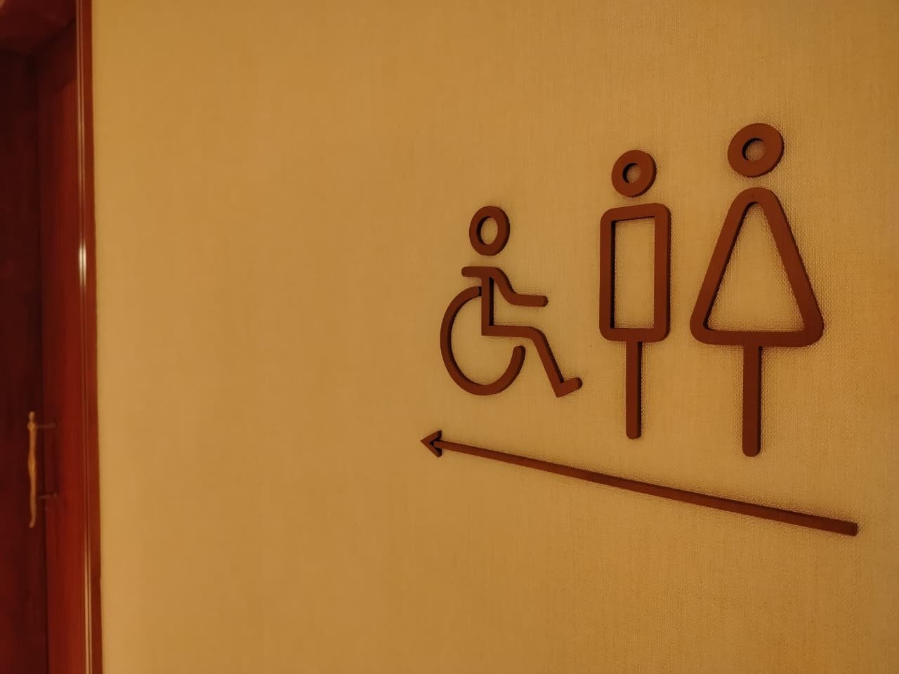 Sign pointing to accessible, ladies' restroom, and men's restroom
