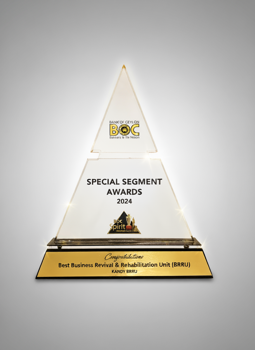 A glass award with a gold base celebrating the 2024 Special Segment Awards from the Bank of Ceylon. It recognizes the Best Business Revival & Rehabilitation Unit (BRRU) awarded to Kandy BRRU.