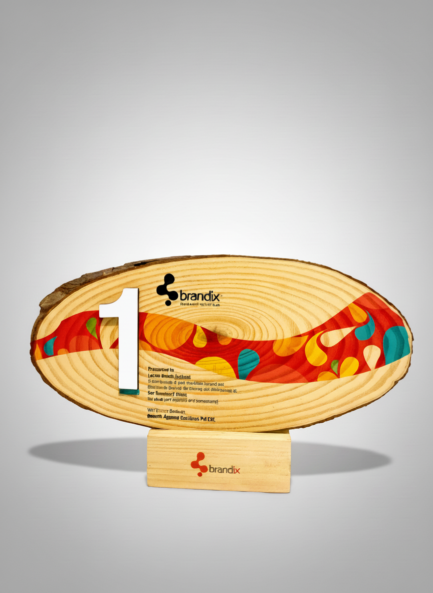 Decorative wooden piece with a colorful painted red, yellow, blue, and white swirl design, mounted on a wooden stand with branding and text, and a white number 1 cutout attached to it.