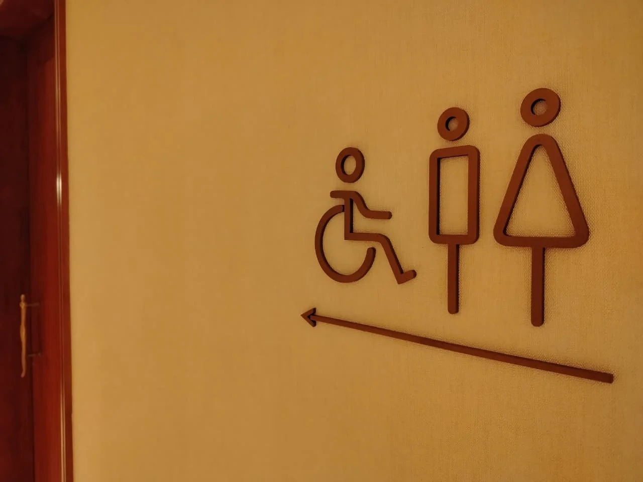 Signs for accessible, men's, and women's restrooms on a beige wall, with a directional arrow pointing left.