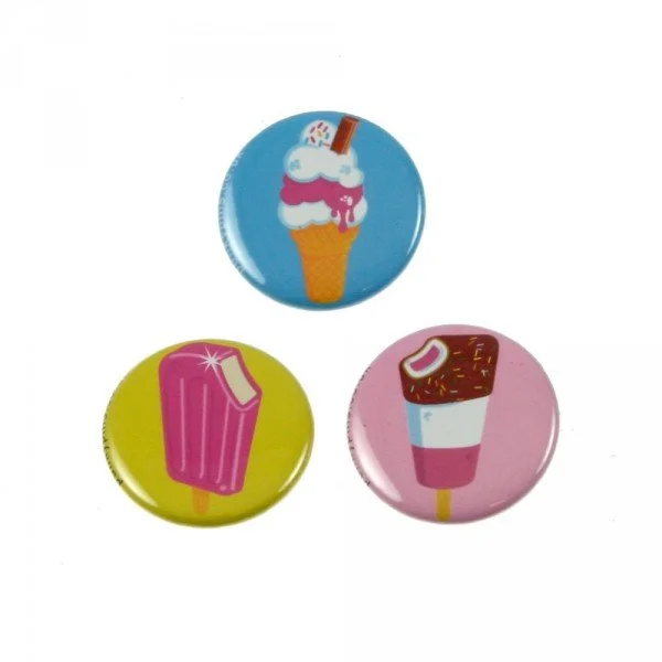 Three colorful round buttons with ice cream and popsicle illustrations, arranged in a triangle on a white background.