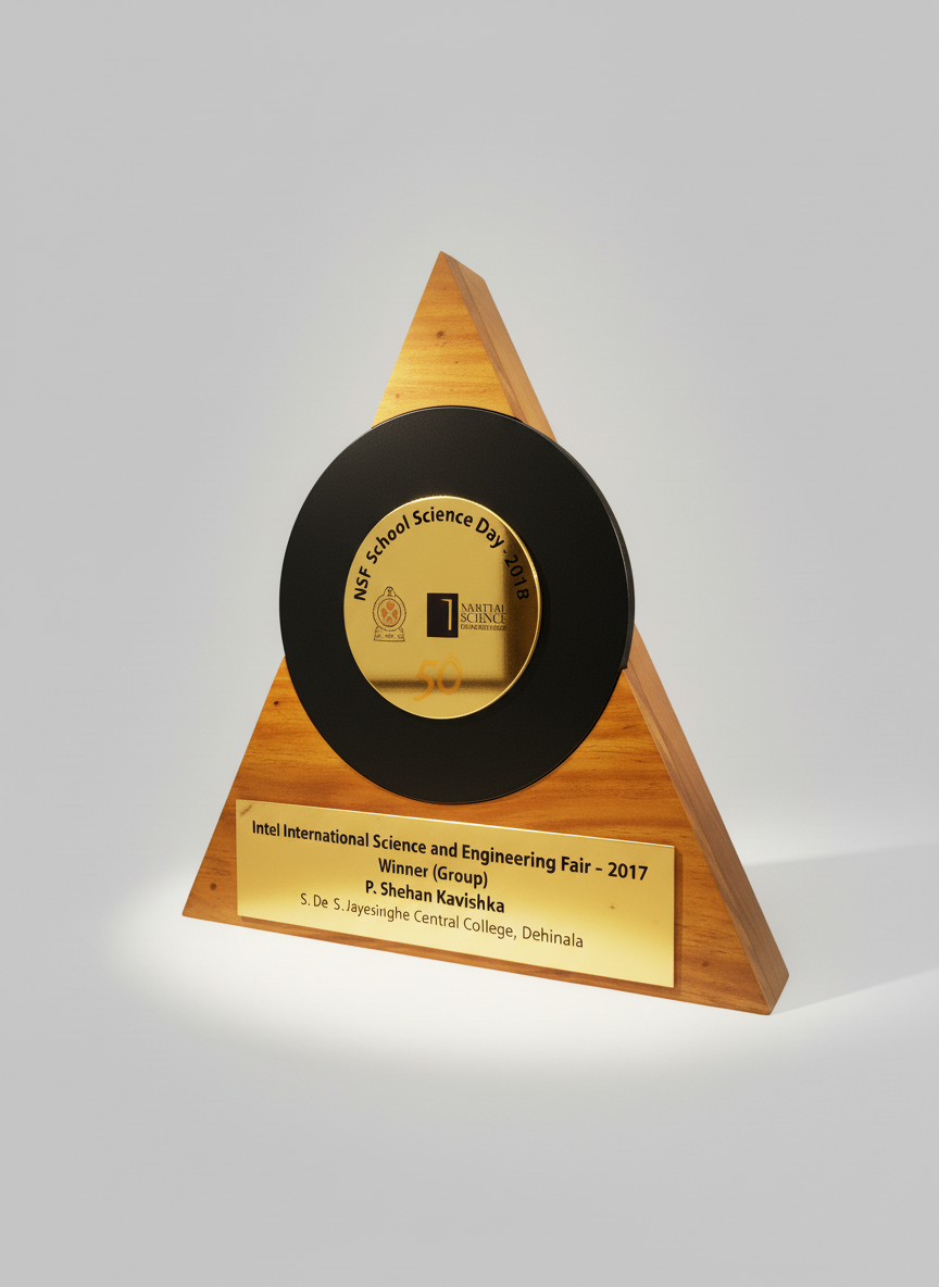 Triangular wooden award plaque with a circular black and gold medallion commemorating NSF School Science Day 2018. The medallion displays the National Science Foundation logo and the number 50. A gold plate on the plaque is engraved with the award de