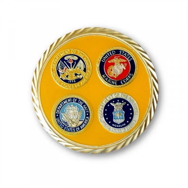 A round display with four United States military service medals on a yellow background.