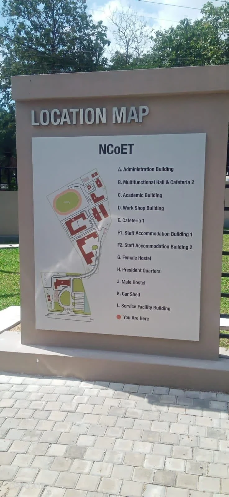A map of the NCODT campus showing the locations of various buildings and facilities, with a marked point indicating the viewer's current location.