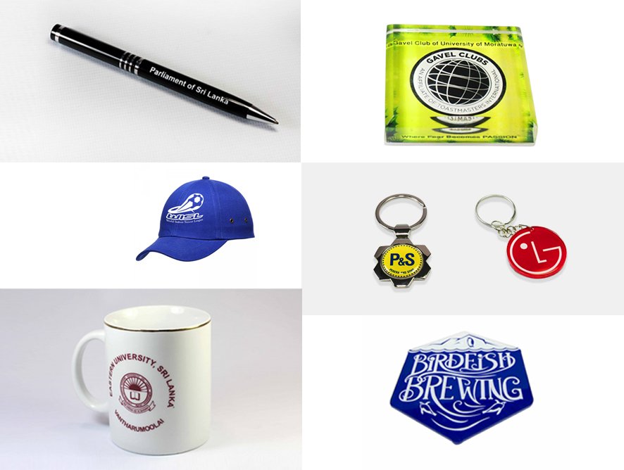 Collection of six items: a black pen with white text, a green matchbook with black and white logo, a blue baseball cap with white logo, a white mug with red and black text, a yellow keychain with P&S logo, a red keychain with smiley face, and a blue label with white text reading 'Brodish Brewing.'