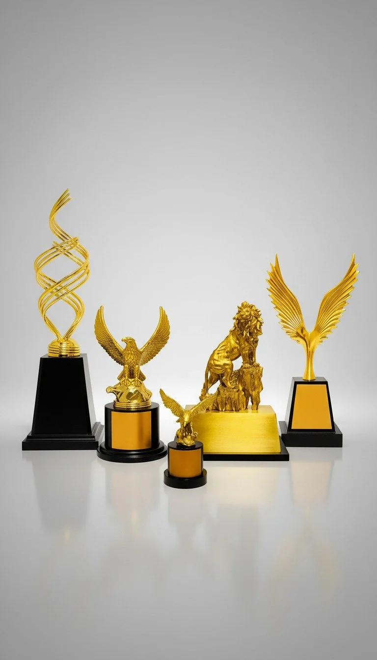 Five gold trophies with black bases on a white surface against a light gray background.
