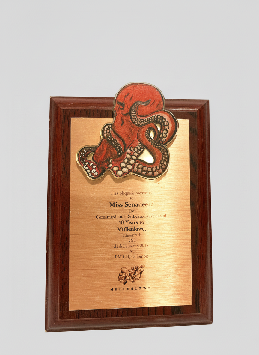 Plaque with a red octopus illustration above gold text, framed in dark wood.
