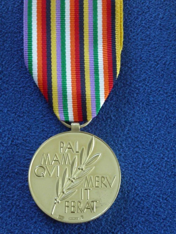 Medal with a multicolored striped ribbon, featuring inscriptions in Latin and a decorative olive branch, placed on a blue textured background.
