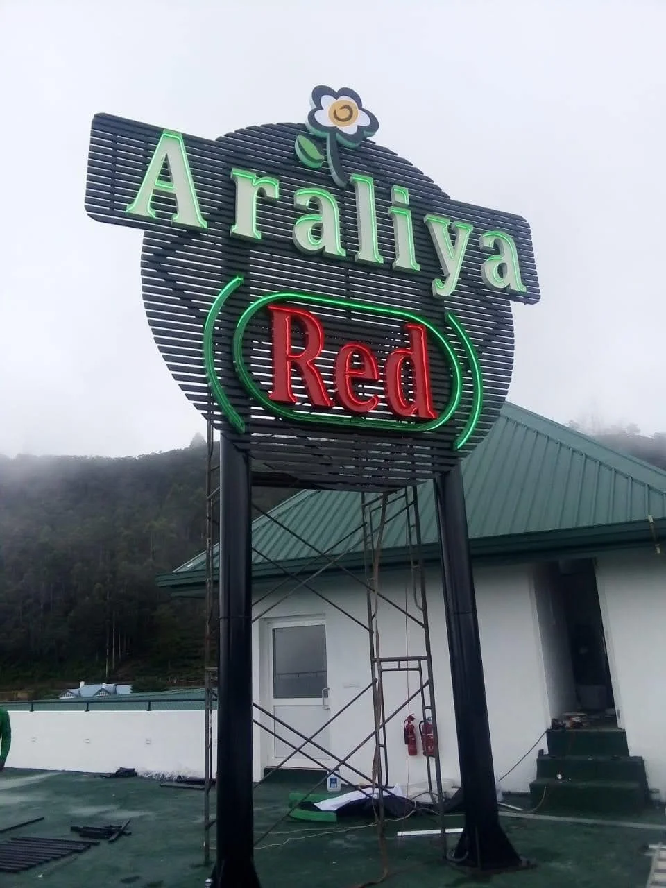 Neon sign with the text 'Araliya Red' and a small flower graphic above the text, mounted on a rooftop structure.